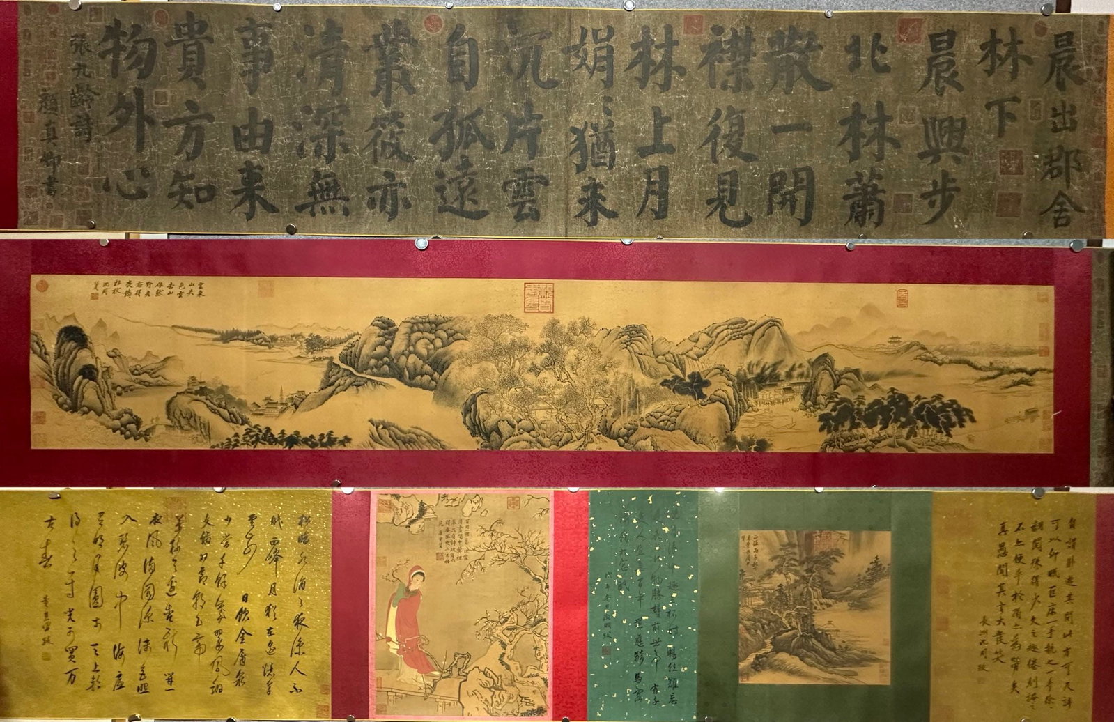A Chinese Hand Scroll Ink Painting of Landscape on Silk: A Chinese Hand Scroll Ink Painting of Landscape on Silk,Tang Dynasty, China,Yan Zhenqing,without frame size:378inx22.4in