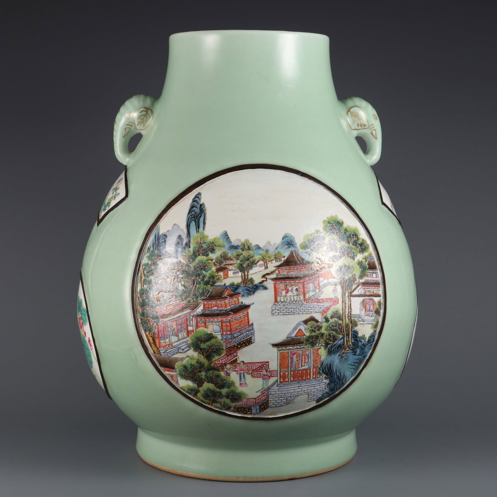 An Exquisite Pea-Green Glaze Famille-Rose Landscape Pattern Elephant-Ears Vase: An Exquisite Pea-Green Glaze Famille-Rose Landscape Pattern Elephant-Ears Vase,Qing Dynasty, China,Qianlong Six-character Mark,Size:18inx6.7inx13.8in