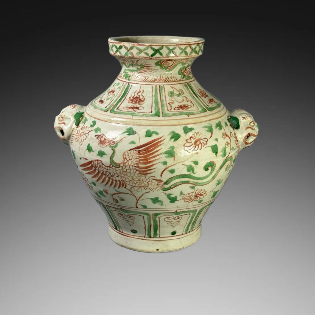 An Exquisite Red and Green Glazed Phoenix Pattern Dog Head Jar: An Exquisite Red and Green Glazed Phoenix Pattern Dog Head Jar,Yuan Dynasty, China,Size:7.7inx7.1in 红绿彩凤纹狗头罐,中国元代