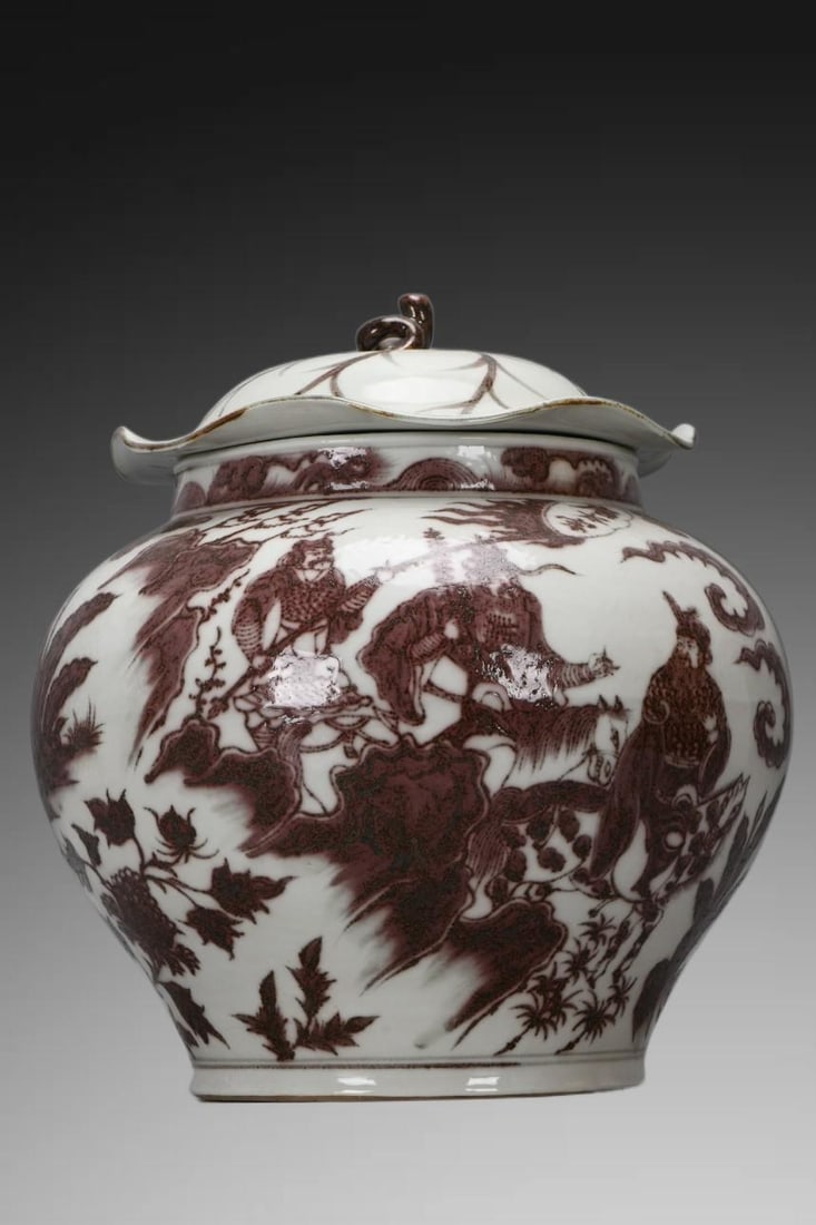 An Exquisite Underglaze-Red Character and Story Pattern Jar: An Exquisite Underglaze-Red Character and Story Pattern Jar,Ming Dynasty, China,Size:13inx12.2inx7.5in