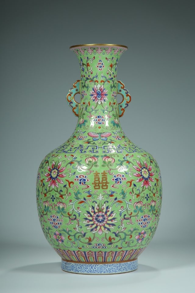 An Exquisite Turquoise-Ground Famille-Rose Lotus Pattern Double-Ears Vase: An Exquisite Turquoise-Ground Famille-Rose Lotus Pattern Double-Ears Vase,Qing Dynasty, China,Jiaqing Six-character Mark,Size:12.4inx3.2inx4.3in