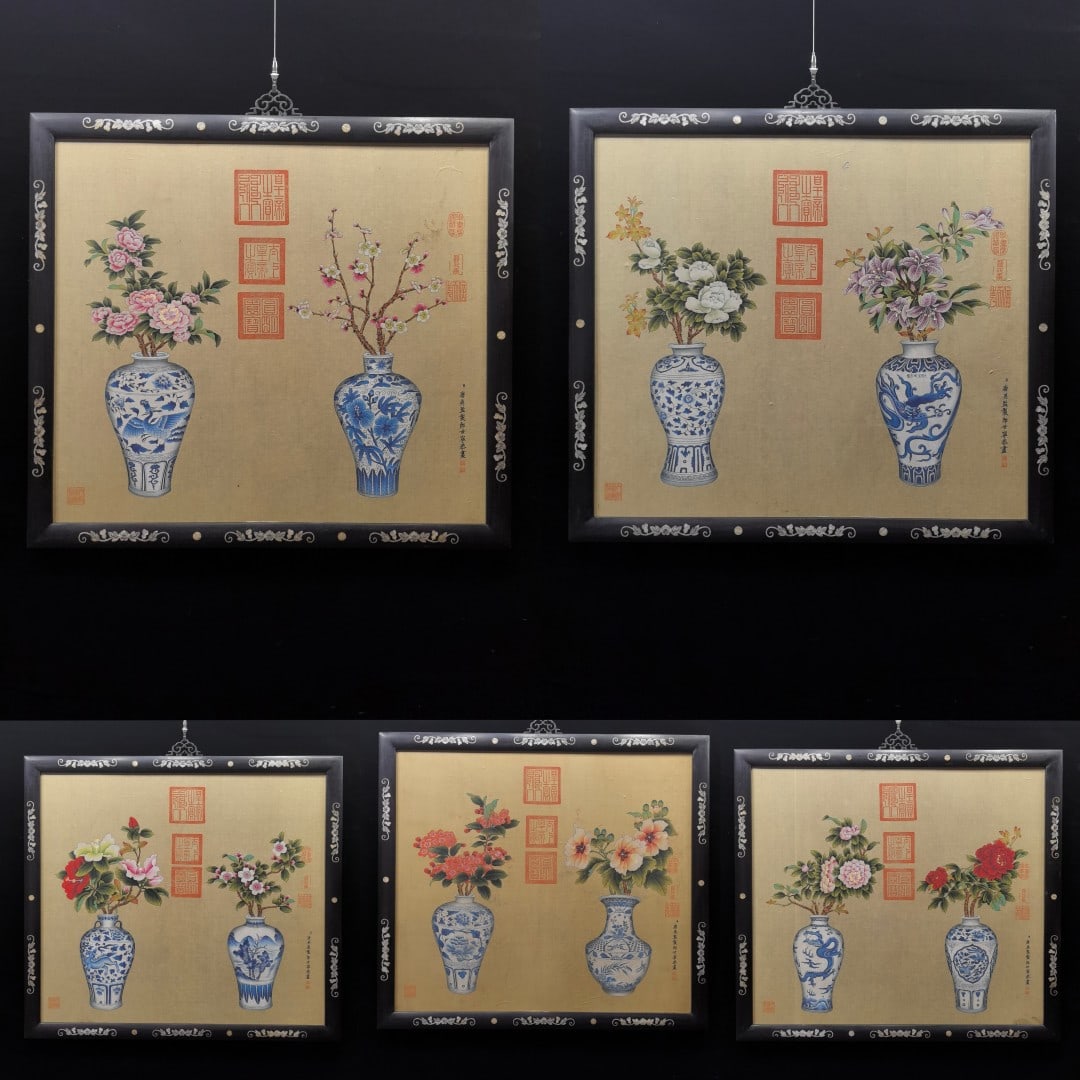 A Set of Chinese Ink Paintings of Vases on Silk, With a Frame: A Set of Chinese Ink Paintings of Vases on Silk, With a Frame,Qing Dynasty, China,Giuseppe Castiglione,without frame size:33.3inx29.8in