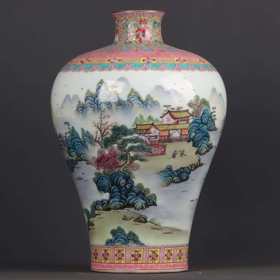 An Exquisite Enamel Gilt Landscape Character and Story Pattern Vase: An Exquisite Enamel Gilt Landscape Character and Story Pattern Vase,Qing Dynasty, China,Qianlong Six-character Mark,Size:15.4inx10.2in 珐琅彩鎏金山水人&