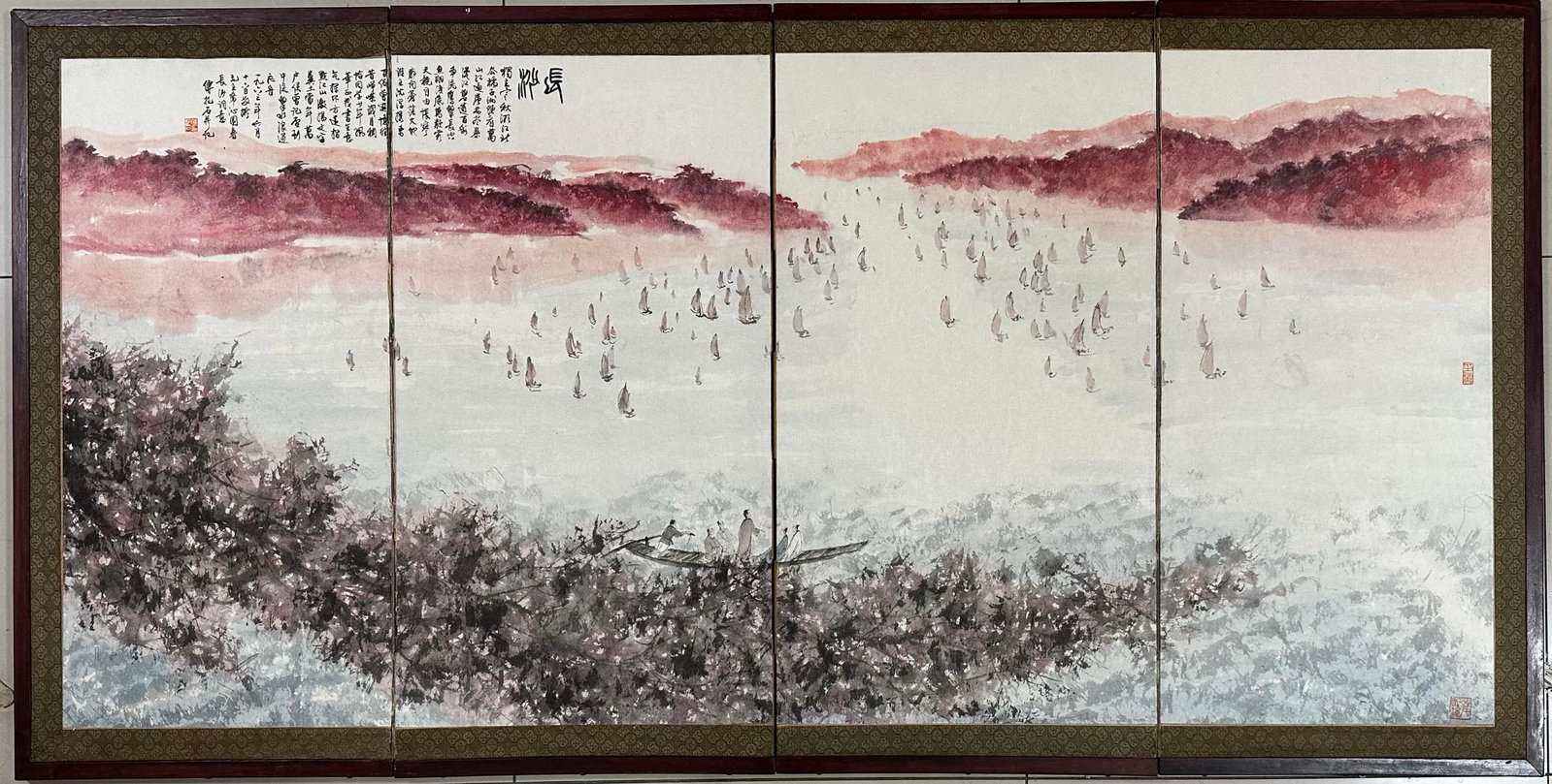A Set of Four Chinese Ink Paintings of Landscape on Paper, With a Frame: A Set of Four Chinese Ink Paintings of Landscape on Paper, With a Frame,Modern Period of China,Fu Baoshi,without frame size:65inx30.7in