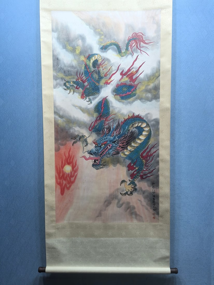 A Chinese Vertical Scroll Ink Painting of Dragon on Paper: A Chinese Vertical Scroll Ink Painting of Dragon on Paper,Modern Time of China,Fu Baoshi,without frame size:26.8inx54.1in 一幅中国水墨纸本龙ஹ