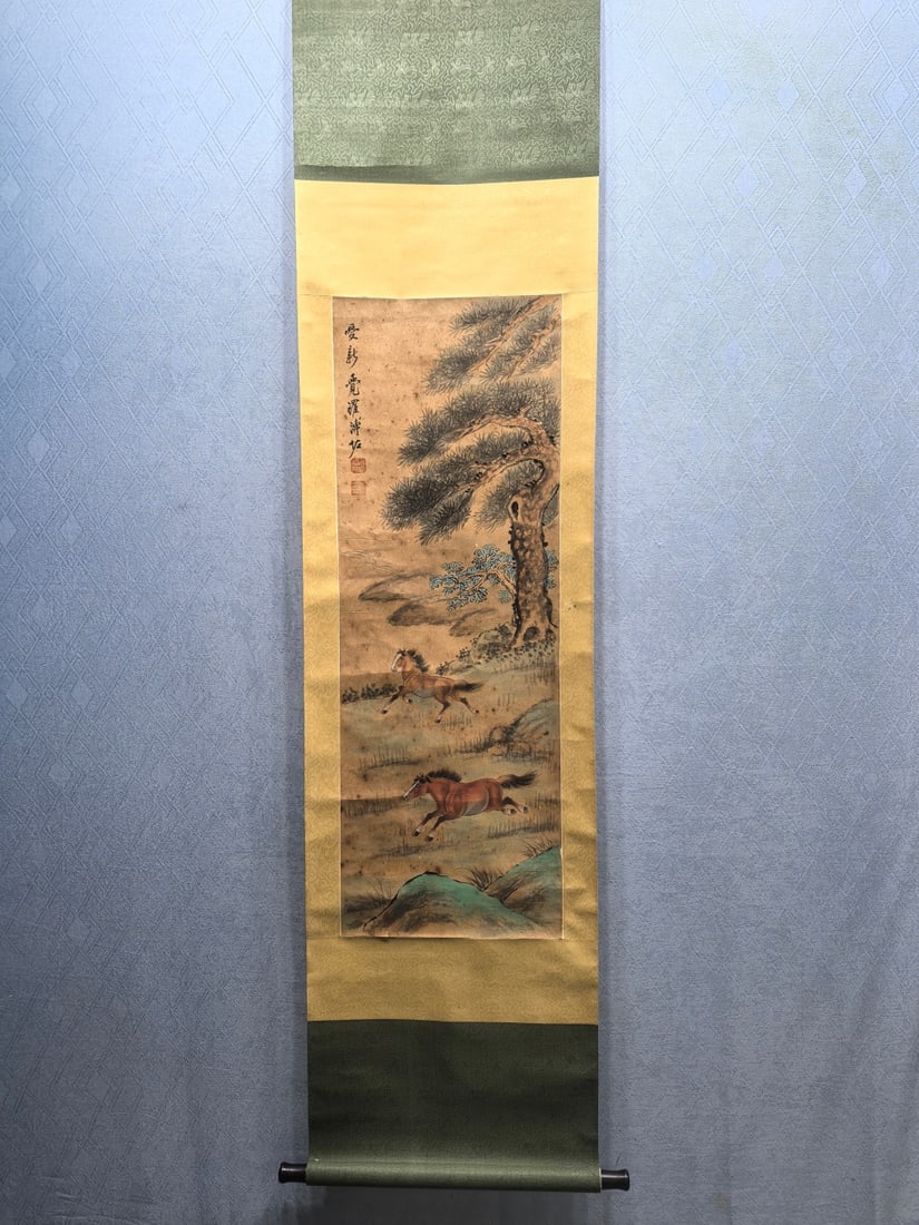 A Chinese Vertical Scroll Ink Painting of Horse on Paper: A Chinese Vertical Scroll Ink Painting of Horse on Paper,Modern Time of China,Aisin Gioro Puzuo,without frame size:14.6inx41.5in 一幅中国水墨纸本马