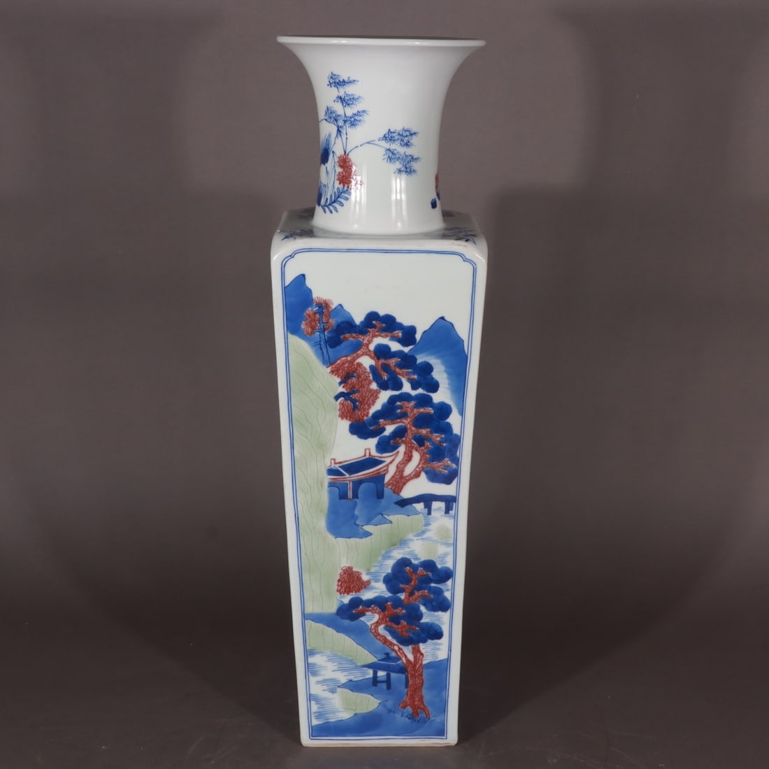 An Exquisite Blue and White Underglaze-Red Landscape Pattern Vase: An Exquisite Blue and White Underglaze-Red Landscape Pattern Vase,Qing Dynasty, China,Kangxi Six-character Mark,Size:21.3inx5.9inx4.7in 青花釉里红山水纹