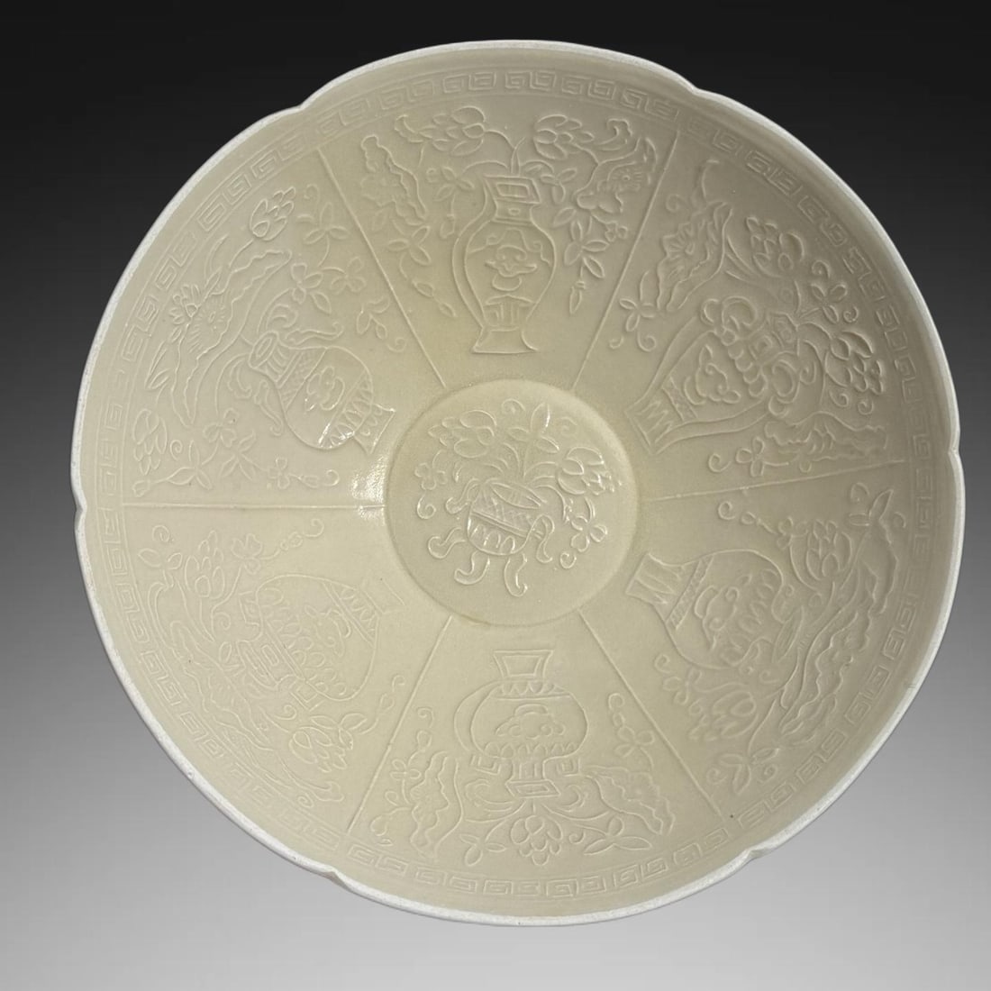 An Exquisite Ding Kiln White Glazed Antique Pattern Bowl: An Exquisite Ding Kiln White Glazed Antique Pattern Bowl,Song Dynasty, China,Size:7.6inx2.4in 定窑白釉博古纹碗,中国宋代