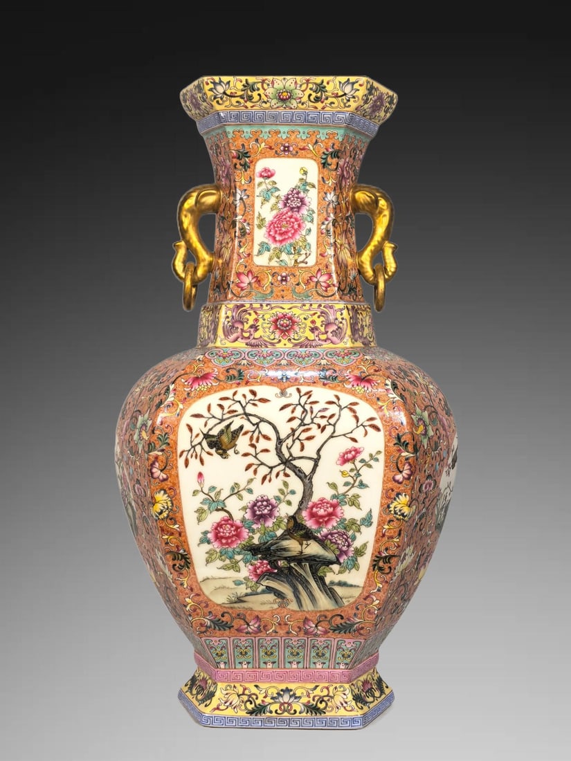 An Exquisite Famille-Rose Flower and Bird Pattern Elephant-Ears Vase: An Exquisite Famille-Rose Flower and Bird Pattern Elephant-Ears Vase,Qing Dynasty, China,Qianlong Six-character Mark,Size:20.1inx7.1inx11.8inx7.1in 粉彩花鸟纹象 