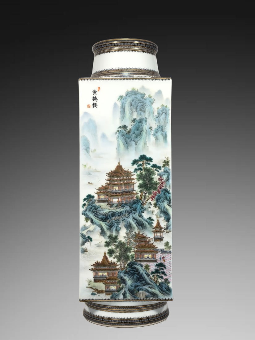 An Exquisite Famille-Rose Landscape Pattern Vase: An Exquisite Famille-Rose Landscape Pattern Vase,Qing Dynasty, China,Qianlong Four-character Mark,Size:18.9inx4.7inx6.1inx6.1in 粉彩山水纹瓶,中国清