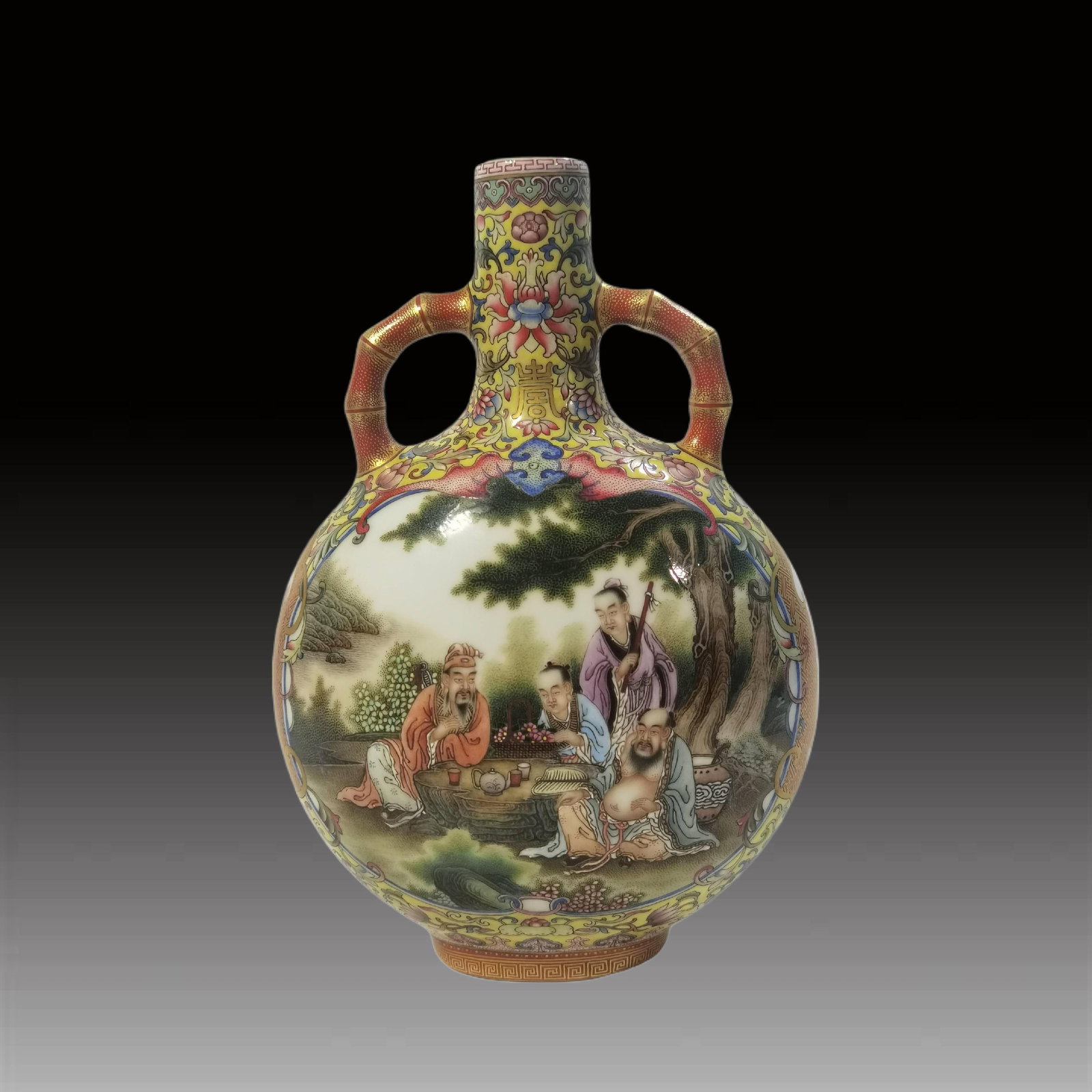 An Exquisite Enamel Painted Gold Yellow Ground Character and Story Pattern Vase: An Exquisite Enamel Painted Gold Yellow Ground Character and Story Pattern Vase,Qing Dynasty, China,Qianlong Six-character Mark,Size:8.3inx1inx5.5inx2.6in 珐琅彩描金Ɩ