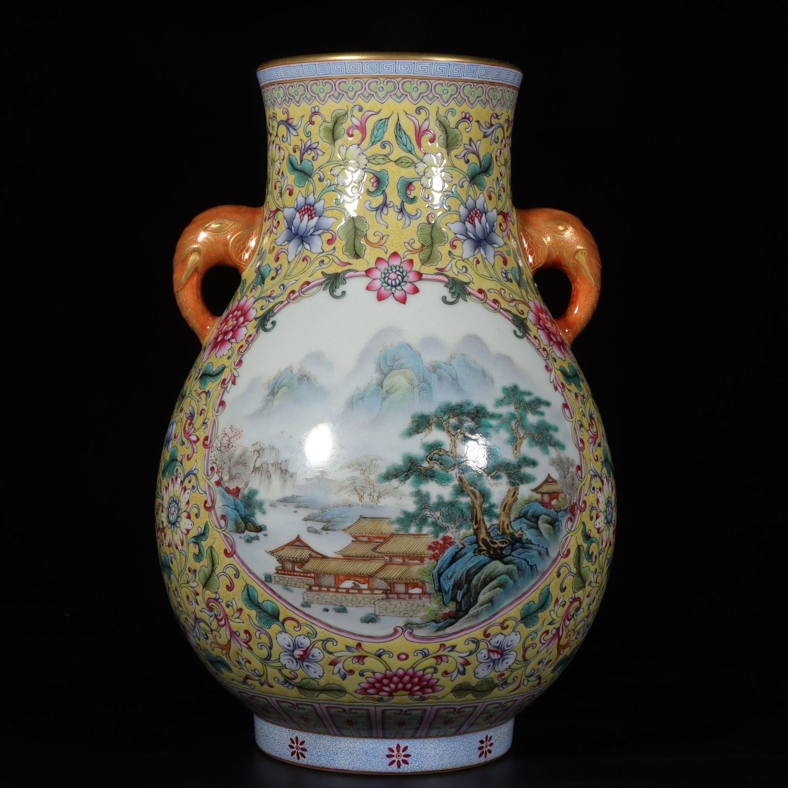 An Exquisite Yellow Ground Famille-Rose Painted Gold Landscape Pattern Double-Ears Vase: An Exquisite Yellow Ground Famille-Rose Painted Gold Landscape Pattern Double-Ears Vase,Qing Dynasty, China,Qianlong Four-character Mark,Size:14inx5.4inx5.3in