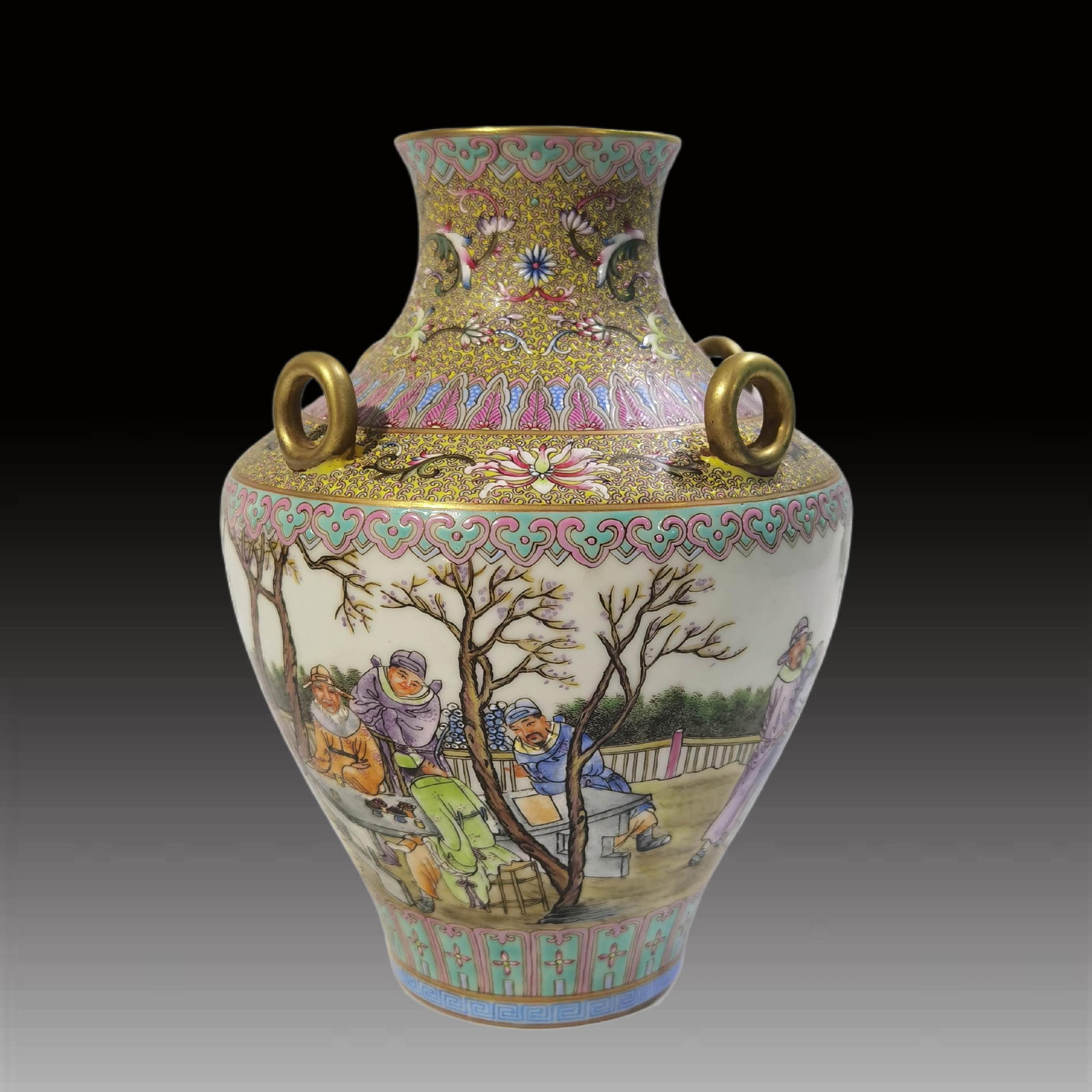 An Exquisite Enamel Character and Story Pattern Four-Ears Vase: An Exquisite Enamel Character and Story Pattern Four-Ears Vase,Qing Dynasty, China,Qianlong Six-character Mark,Size:7.5inx2.3inx5.9inx2.6in