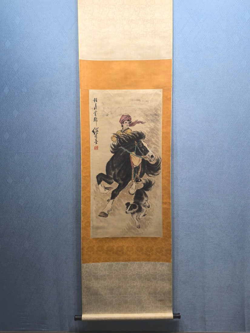 A Chinese Vertical Scroll Ink Painting of Figures on Paper: A Chinese Vertical Scroll Ink Painting of Figures on Paper,Modern Time of China,Liu Jiyou,without frame size:17.1inx35.2in 一幅中国水墨纸本人Ĥ