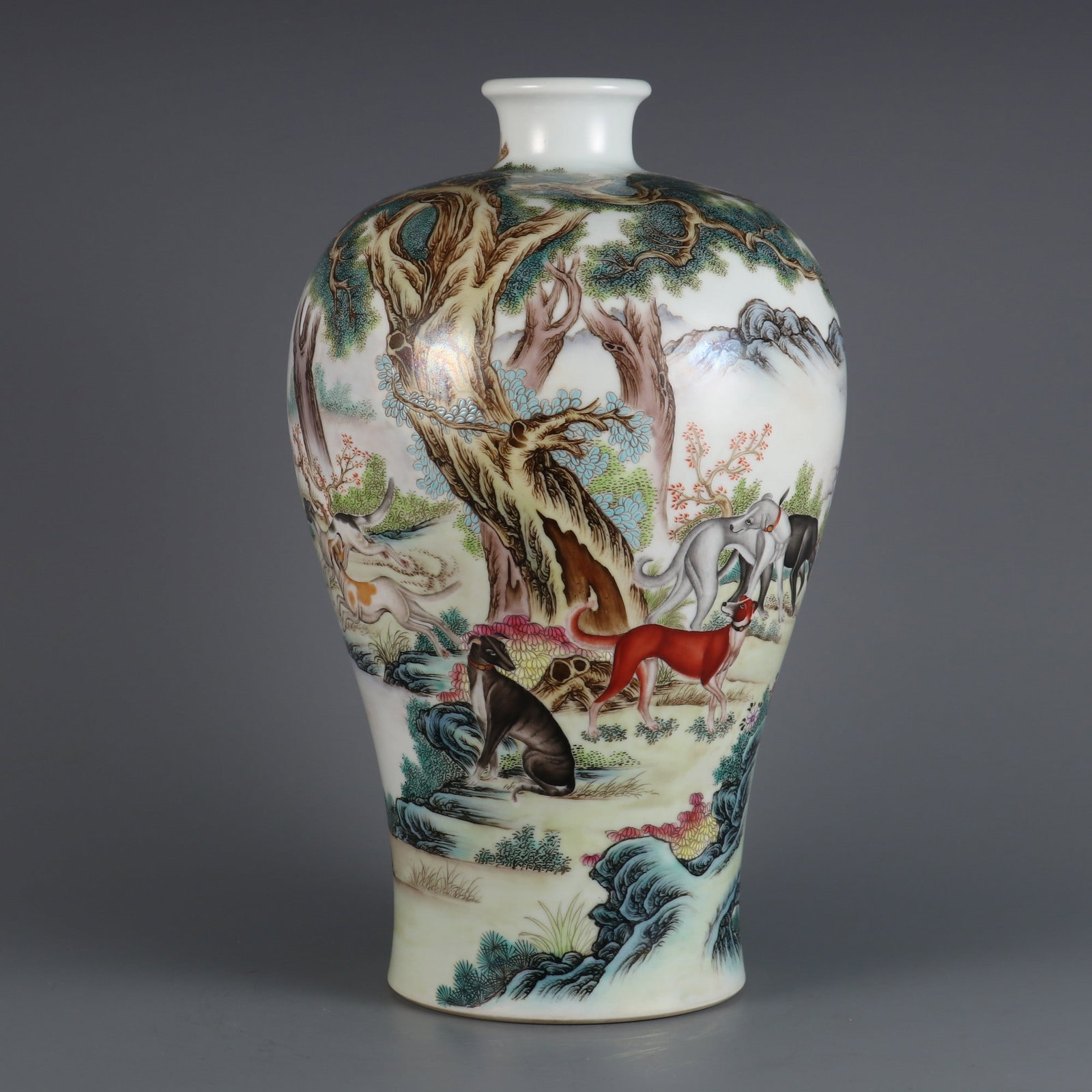 An Exquisite Famille-Rose Dog Pattern Vase: An Exquisite Famille-Rose Dog Pattern Vase,Qing Dynasty, China,Qianlong Six-character Mark,Size:12.8inx2.4inx7.5in 粉彩犬纹瓶,中国清代,乾