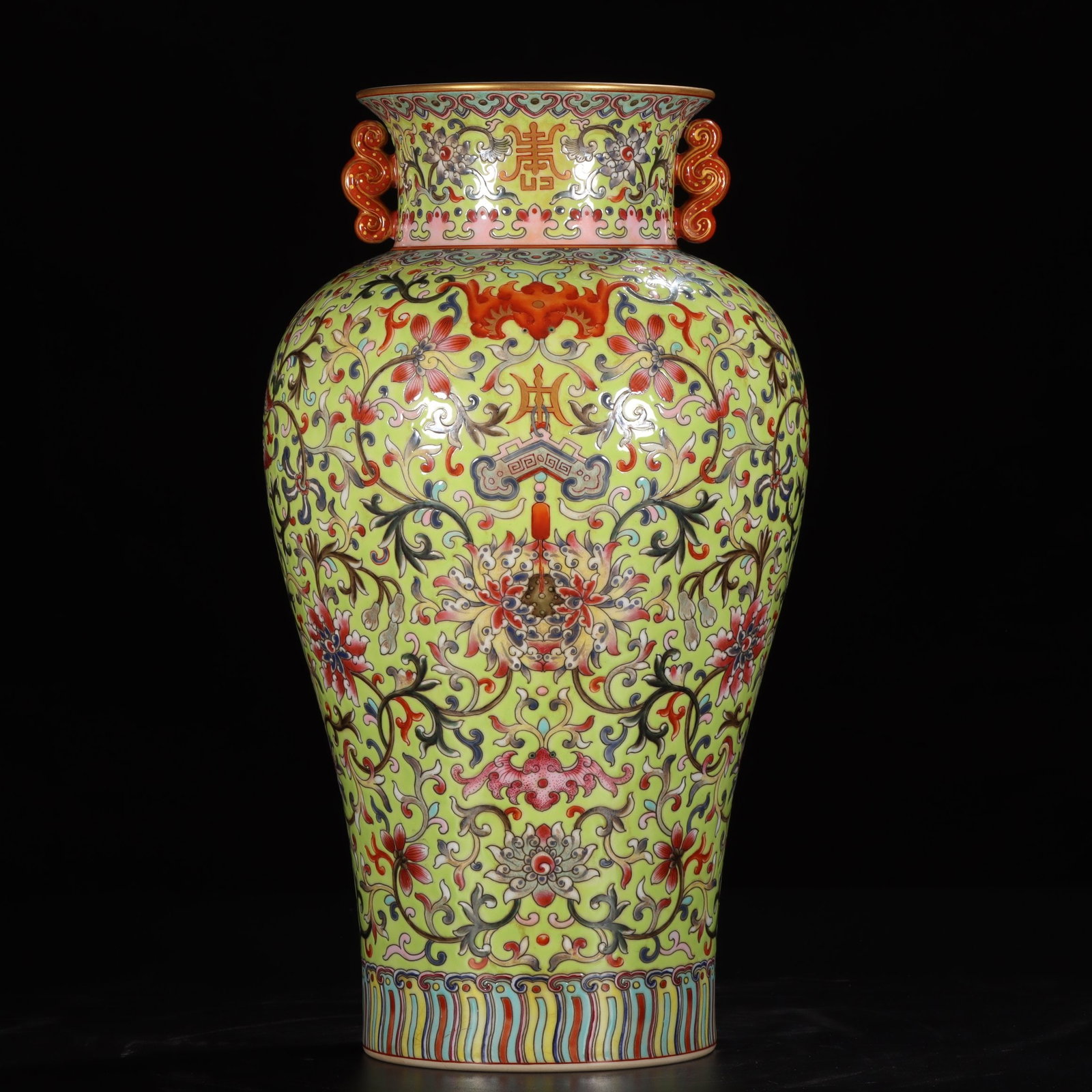 An Exquisite Famille-Rose Yellow Ground Lotus Pattern Double-Ears Vase: An Exquisite Famille-Rose Yellow Ground Lotus Pattern Double-Ears Vase,Qing Dynasty, China,Qianlong Six-character Mark,Size:12.2inx4.4inx4.4in 粉彩黄地缠枝莲&