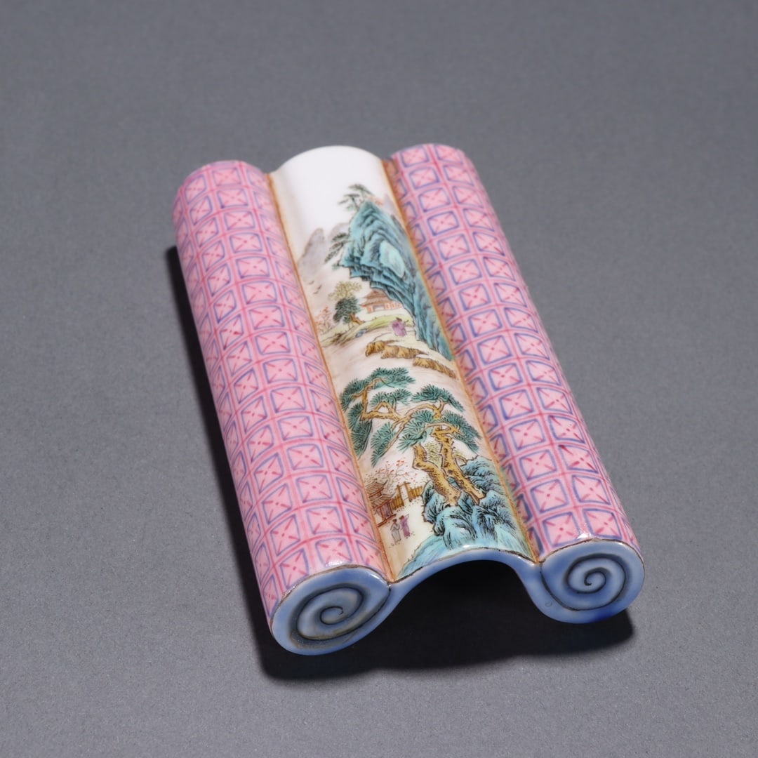 An Exquisite Famille-Rose Red Glazed Landscape Pattern Hand Rest: An Exquisite Famille-Rose Red Glazed Landscape Pattern Hand Rest, Qing Dynasty, China,Qianlong Four-character Mark,Size:4.2inx2.4in 粉彩红釉山水纹手