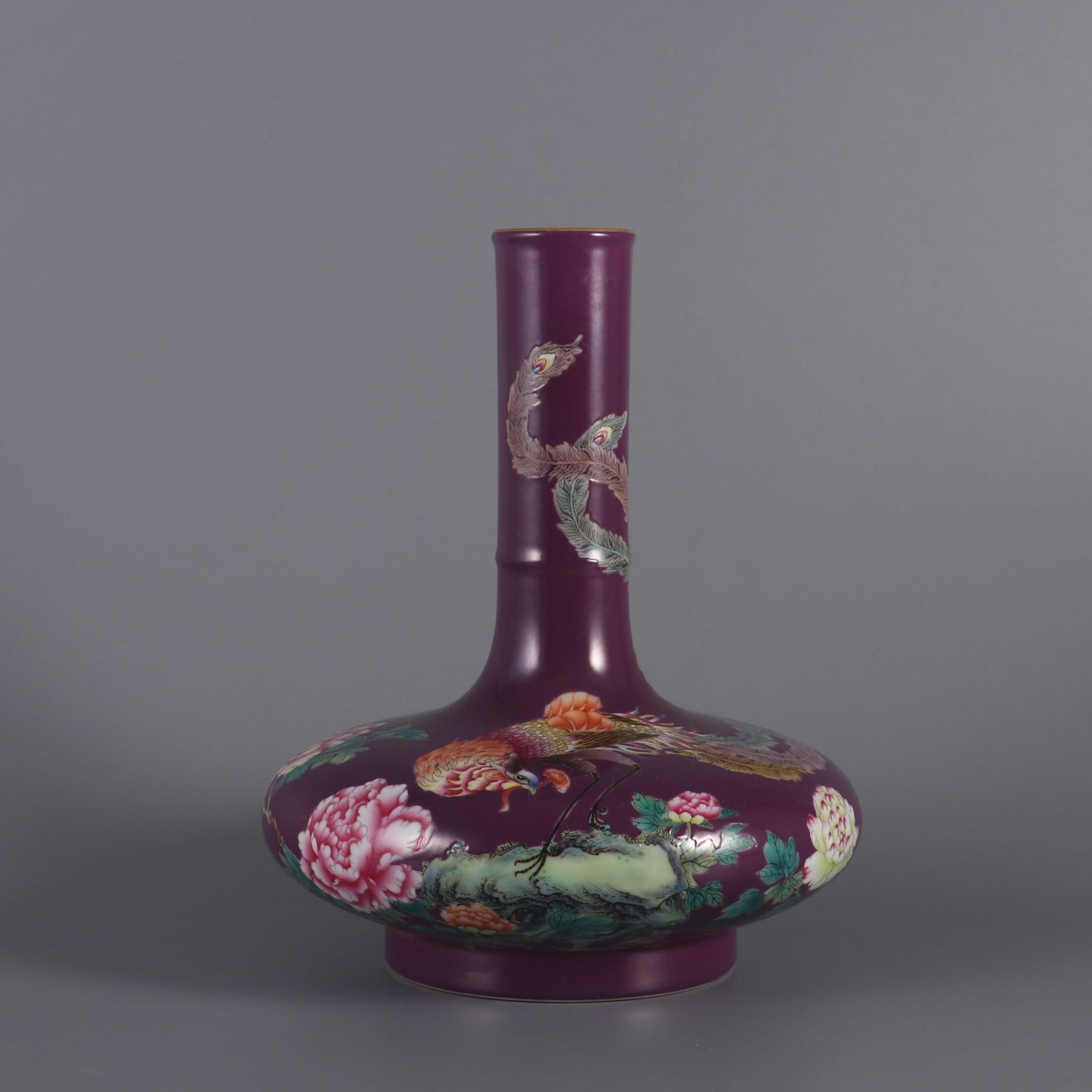 An Exquisite purple ground Famille-Rose Flower and Bird Pattern Vase: An Exquisite purple ground Famille-Rose Flower and Bird Pattern Vase,Qing Dynasty, China,Yongzheng Six-character Mark,Size:8.3inx1.6inx6.5in 紫地粉彩花鸟纹