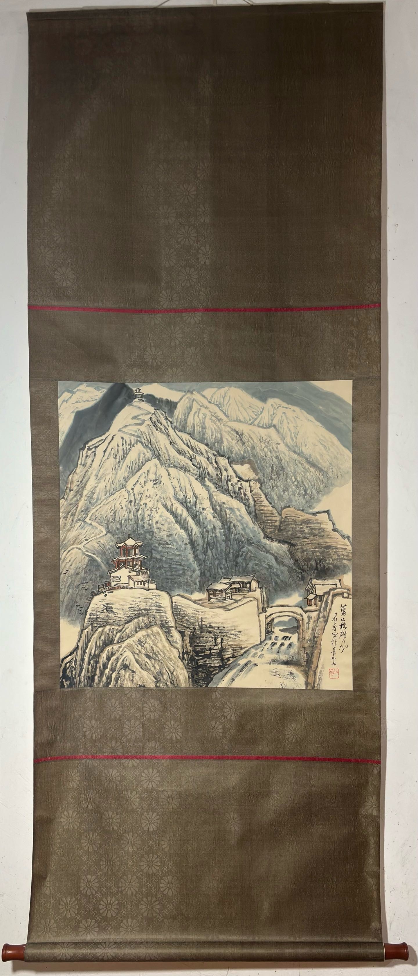 A Chinese Vertical Scroll Ink Painting of Landscape on Paper: A Chinese Vertical Scroll Ink Painting of Landscape on Paper,Modern Time,Shi Lu,without frame size:26.6inx25.4in 一幅中国水墨纸本山水画