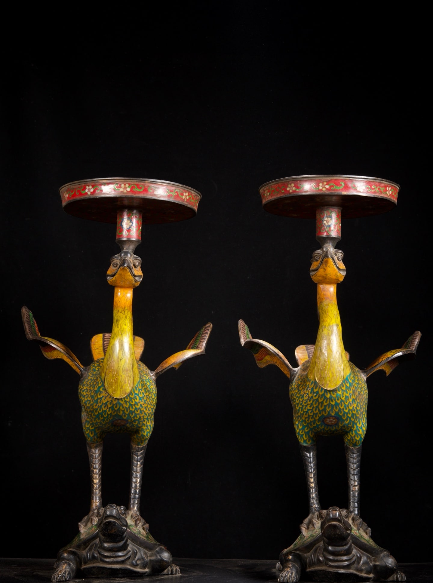 A pair of Exquisite Cloisonne Phoenix Candlestick: A pair of Exquisite Cloisonne Phoenix Candlestick,Qing Dynasty, China,Size:24.4inx16.5inx13.4in,Weight:13010g 一对铜胎景泰蓝凤凰烛台,&