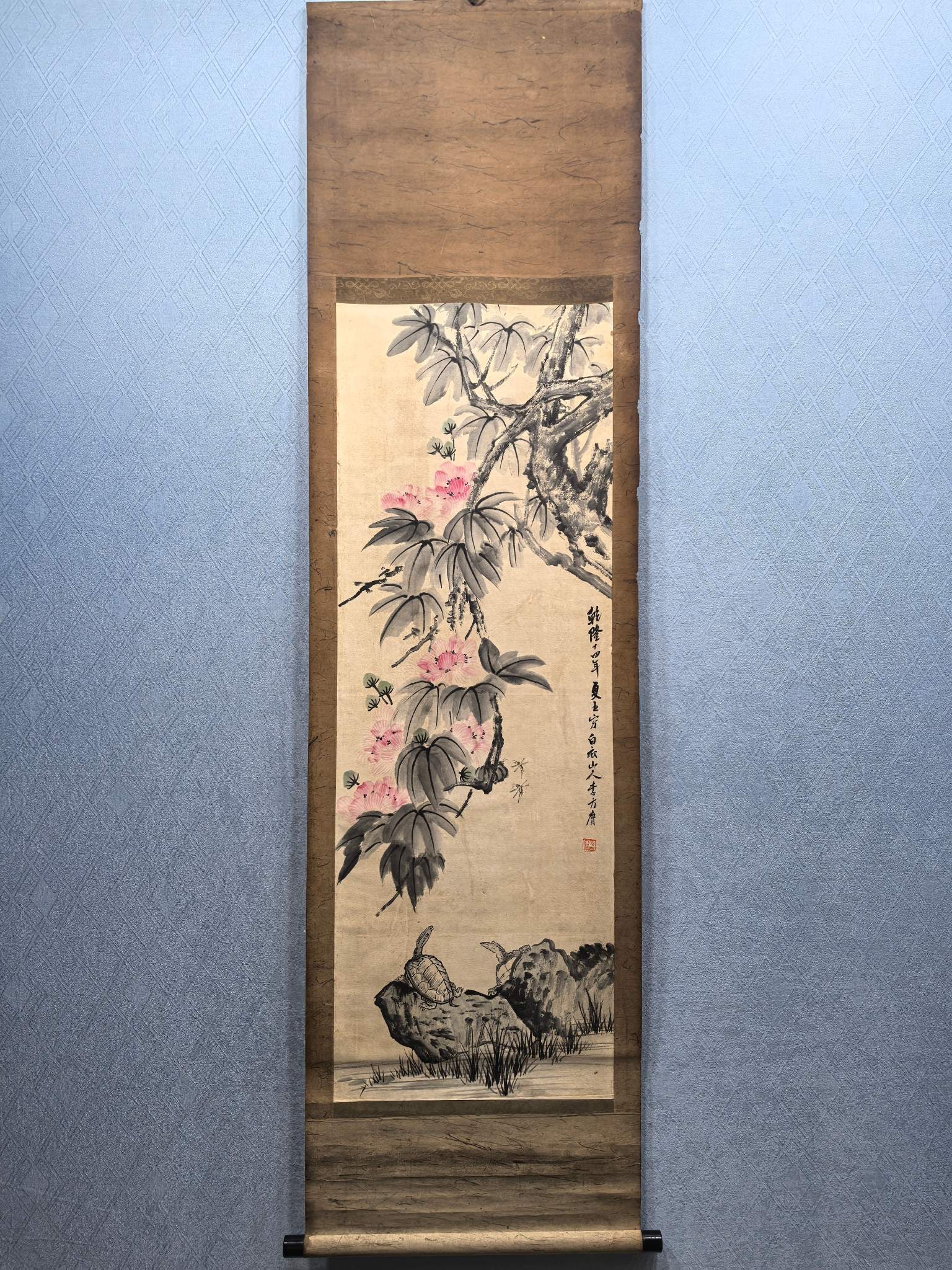 A Chinese Vertical Scroll Ink Painting of Flowers on Paper: A Chinese Vertical Scroll Ink Painting of Flowers on Paper,Qing Dynasty, China,Li Fangying,without frame size:15.2inx43.7in 一幅中国水墨纸本花