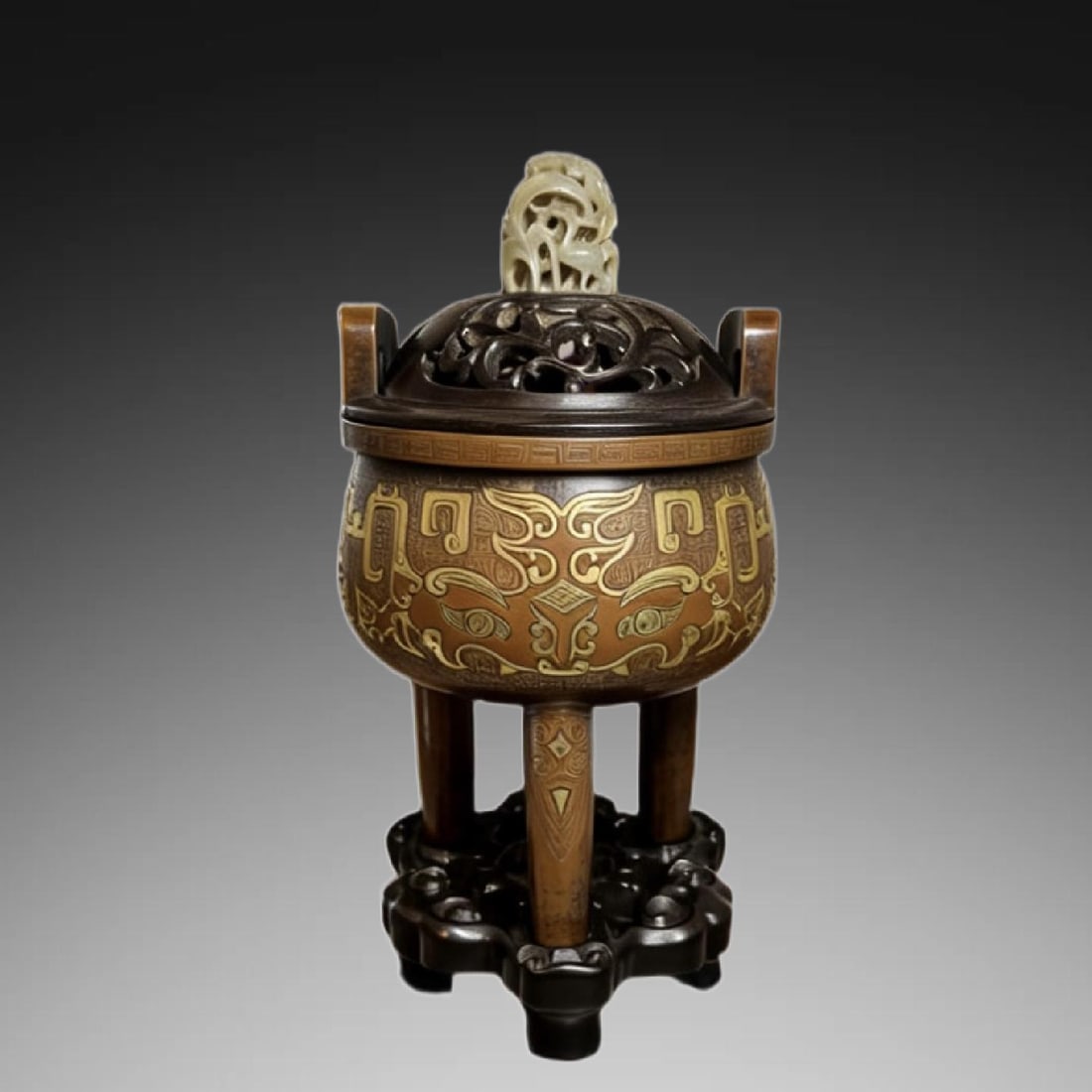 An Exquisite Bronze Inlaid Silver Wire Gilt Antiquities Pattern Double Ears Censer (1 of 9)