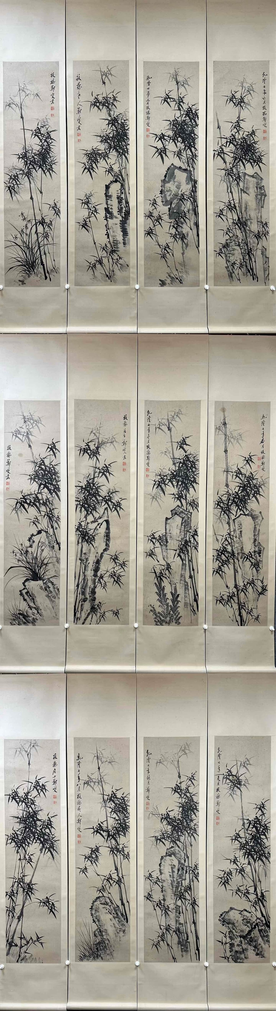 A Set of Twelve Chinese Vertical Scroll Ink Paintings of Bamboo on Paper: A Set of Twelve Chinese Vertical Scroll Ink Paintings of Bamboo on Paper,Qing Dynasty, China,Zheng Banqiao,without frame size:13.4inx53.5in