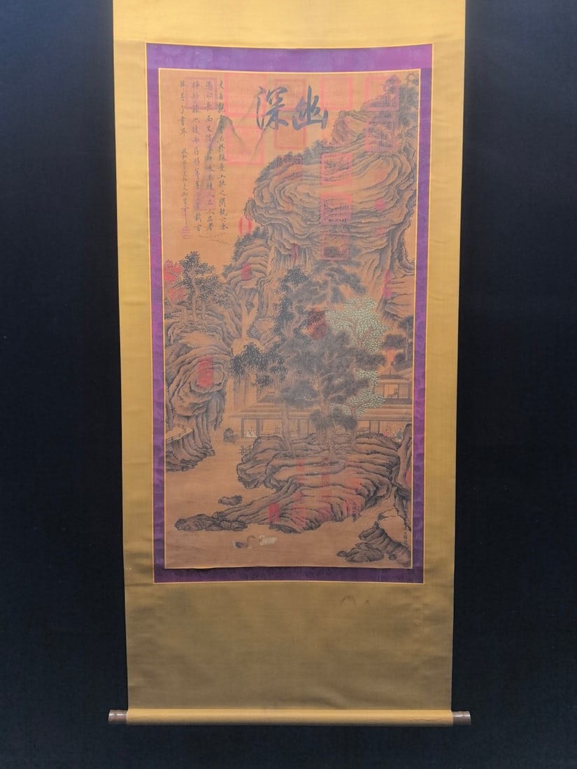 A Chinese Vertical Scroll Ink Painting of Landscape on Silk: A Chinese Vertical Scroll Ink Painting of Landscape on Silk,Tang Dynasty, China,Han Yu,without frame size:25.6inx50.4in 一幅中国水墨绢本山水