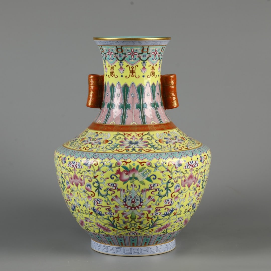 An Exquisite Yellow Glazed Lotus Pattern Vase: An Exquisite Yellow Glazed Lotus Pattern Vase,Qing Dynasty, China,Qianlong Six-character Mark,Size:15inx10.2in 黄釉缠枝莲纹瓶,中国清代