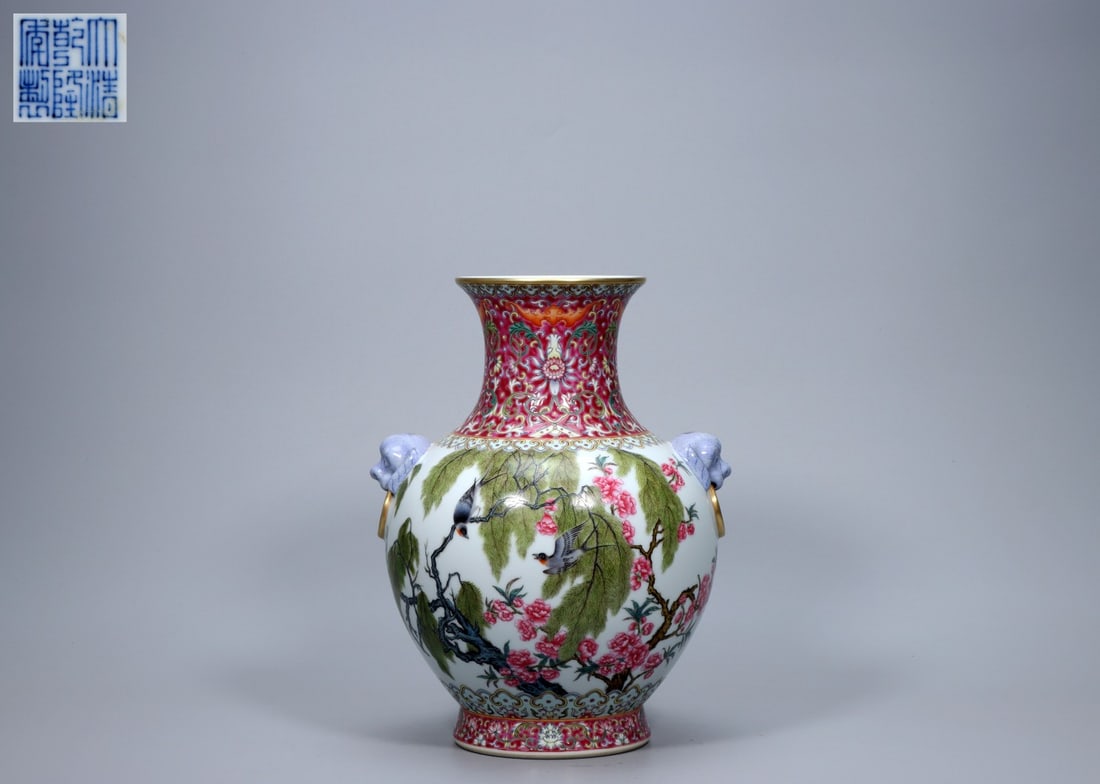 An Exquisite Ruby Red-Glazed Flower and Bird Pattern Beast-Ears Vase: An Exquisite Ruby Red-Glazed Flower and Bird Pattern Beast-Ears Vase,Qing Dynasty, China,Qianlong Six-character Mark,Size:11inx7.9inx4.4in ,Weight:2186g 胭脂红花鸟纹