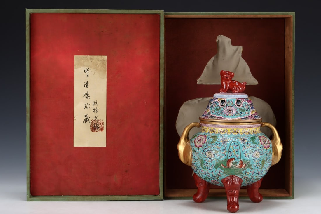 An Exquisite Enamel Turquoise-Glazed Double-Ears and Tripod Lotus Pattern Censer: An Exquisite Enamel Turquoise-Glazed Double-Ears and Tripod Lotus Pattern Censer,Qing Dynasty, China,Yongzheng Four-character Mark,Size:9.6inx7.7in 珐琅彩松石绿%