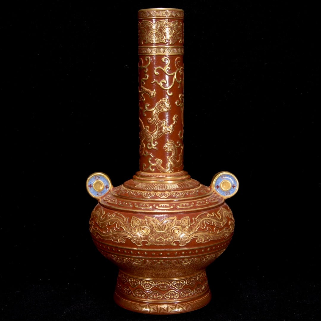 An Exquisite Coral Red Glazed Gilt Dragon and Phoenix Pattern Double-Ears Vase: An Exquisite Coral Red Glazed Gilt Dragon and Phoenix Pattern Double-Ears Vase,Qing Dynasty, China,Qianlong Six-character Mark,Size:7.9inx3.9in 珊瑚红鎏金龙凤