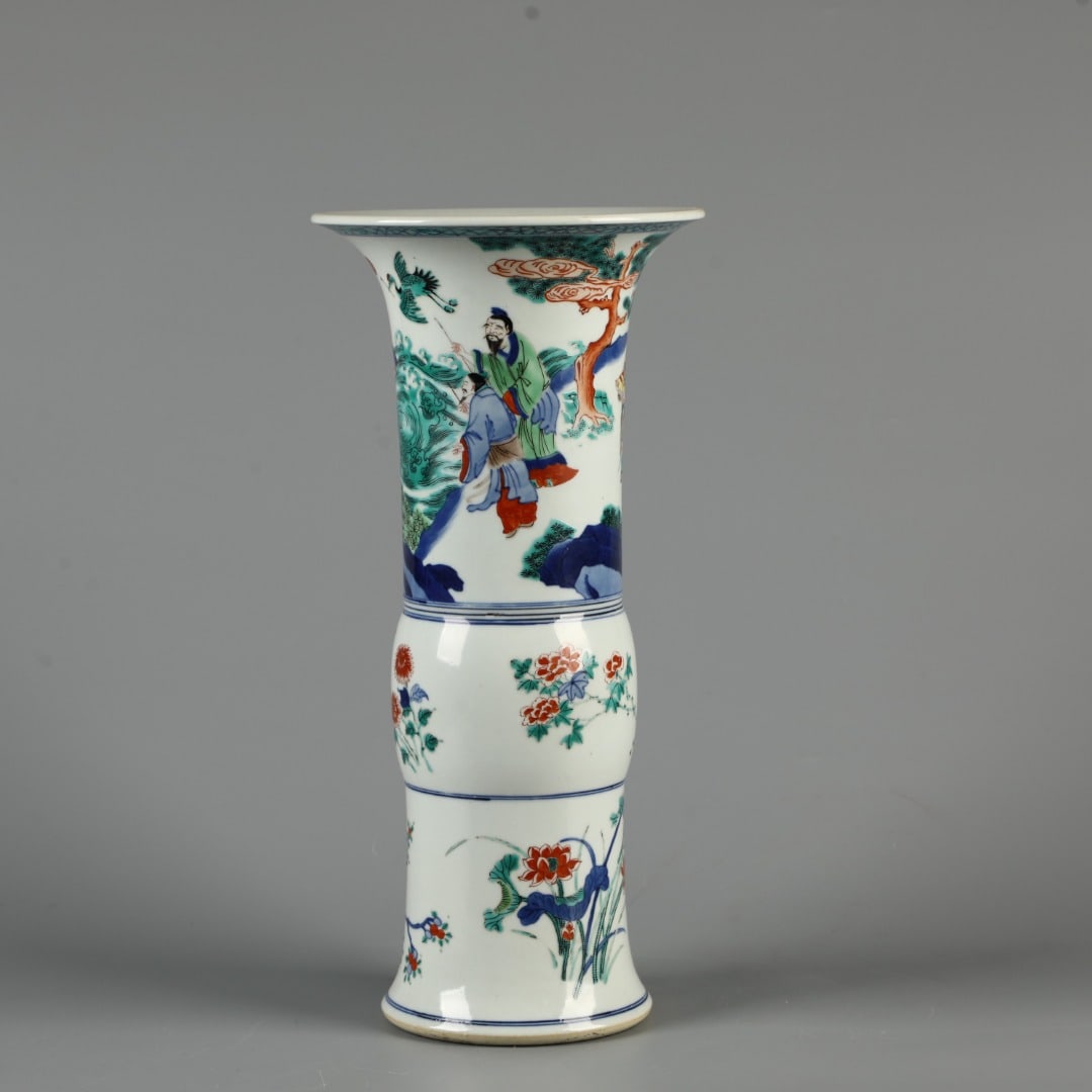 An Exquisite Doucai Figures Pattern Flower Holder: An Exquisite Doucai Figures Pattern Flower Holder,Ming Dynasty, China,Size:15.2inx7.3in 斗彩人物纹花插,中国明代