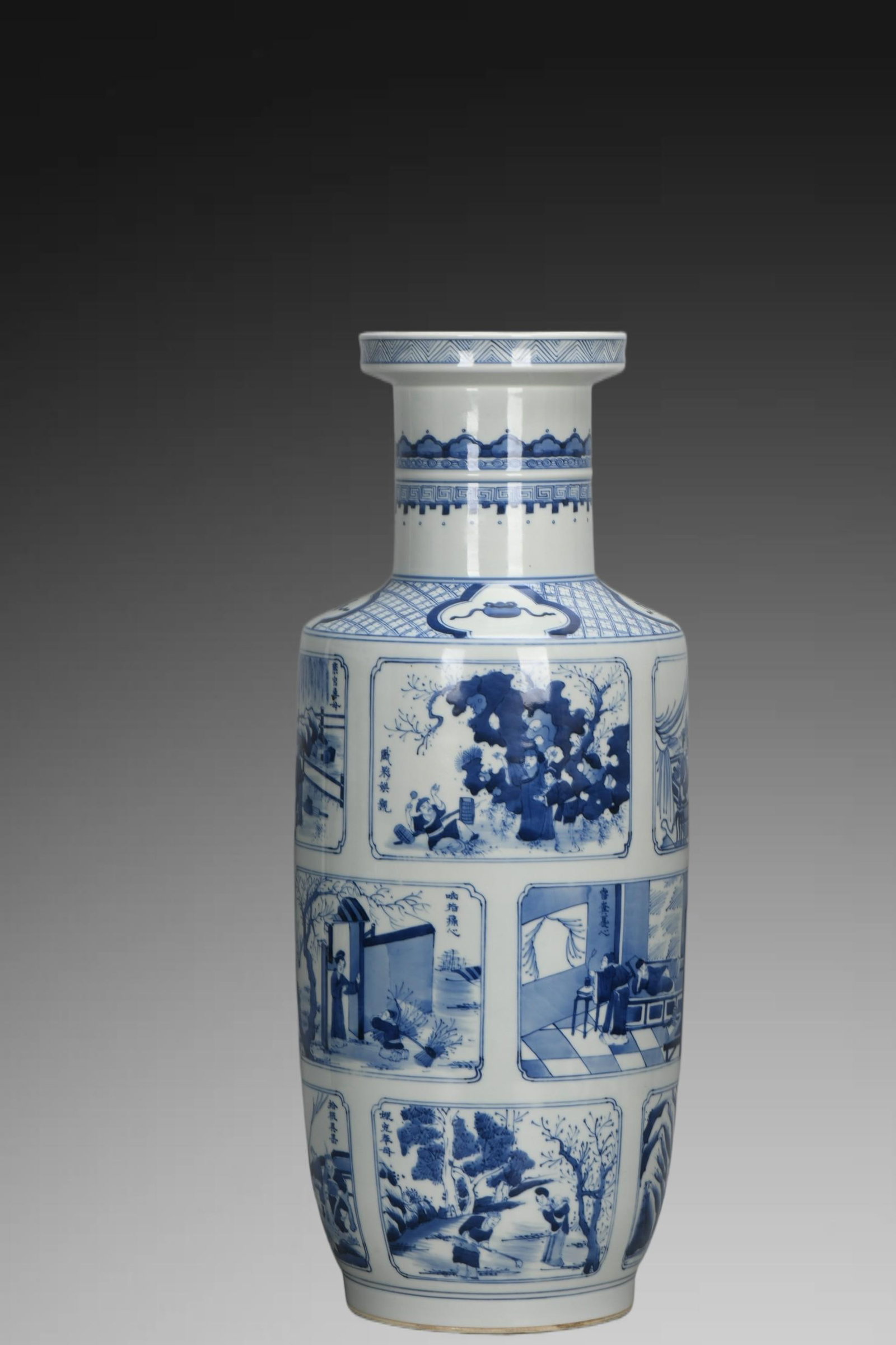 An Exquisite Blue and White Character and Story Pattern Vase: An Exquisite Blue and White Character and Story Pattern Vase,Qing Dynasty, China,Kangxi Six-character Mark,Size:22.8inx9.3in