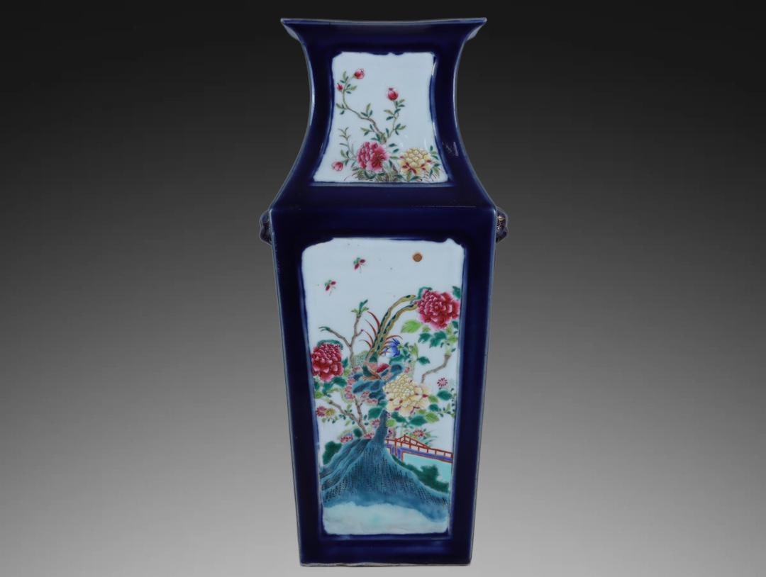 An Exquisite Ji Blue Glazed Painted Gold Flower and Bird Pattern Double-Ears Vase: An Exquisite Ji Blue Glazed Painted Gold Flower and Bird Pattern Double-Ears Vase,Qing Dynasty, China,Qianlong Six-character Mark,Size:16.3inx5.9inx5.3in 霁蓝釉描金഑