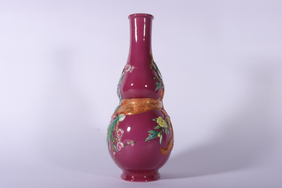 An Exquisite Ruby Red-Ground Peach Pattern Gourd Vase - 7