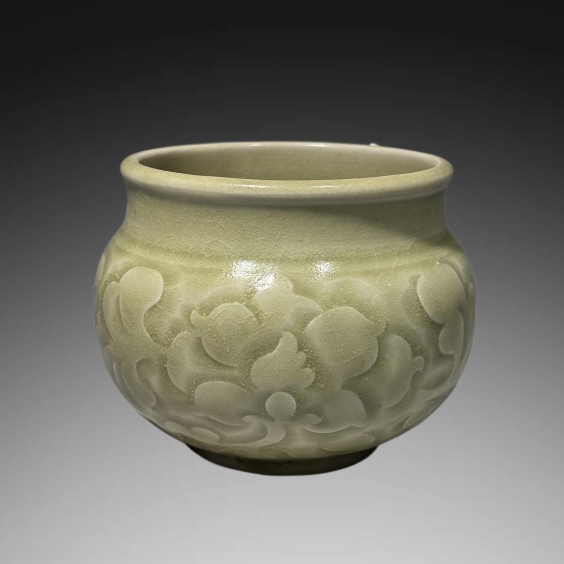 An Exquisite Yaozhou Kiln Celadon Glzed Flower Pattern Jar: An Exquisite Yaozhou Kiln Celadon Glzed Flower Pattern Jar,Song Dynasty, China,Size:3.7inx3.5in