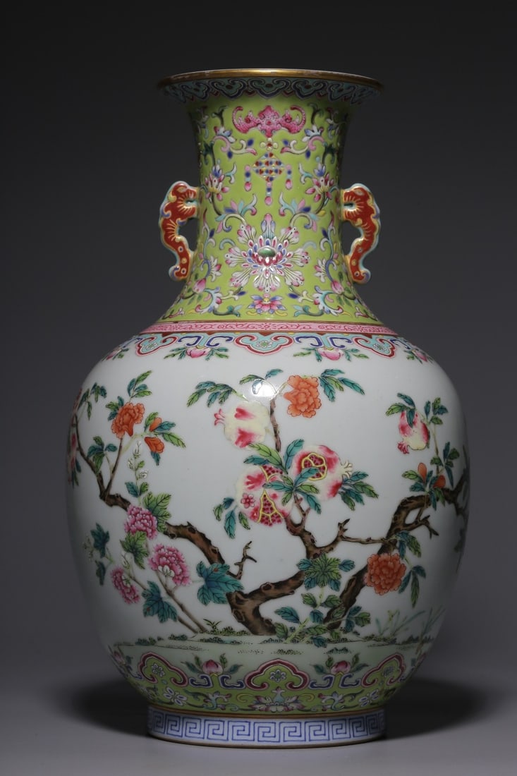 An Exquisite Famille-Rose Flower Pattern Double-Ears Vase: An Exquisite Famille-Rose Flower Pattern Double-Ears Vase,Qing Dynasty, China,Size:11.4inx3.1inx4.1in 粉彩花卉纹双耳瓶,中国清代