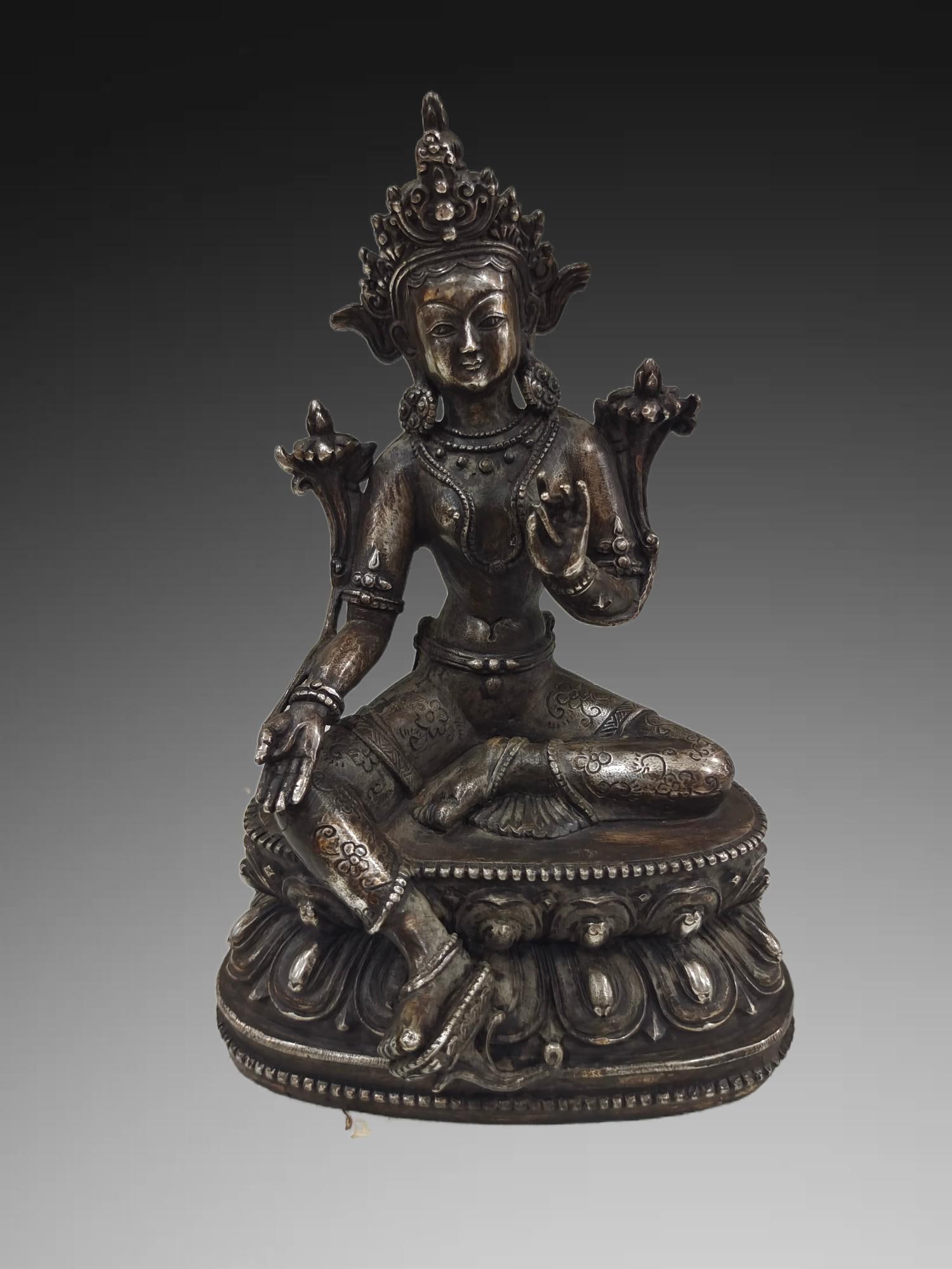 An Exquisite Silver Gilded Copper Figure Of Green Tara Ornament: An Exquisite Silver Gilded Copper Figure Of Green Tara Ornament,Qing Dynasty, China,Size:7.9inx4.7in,Weight:890g