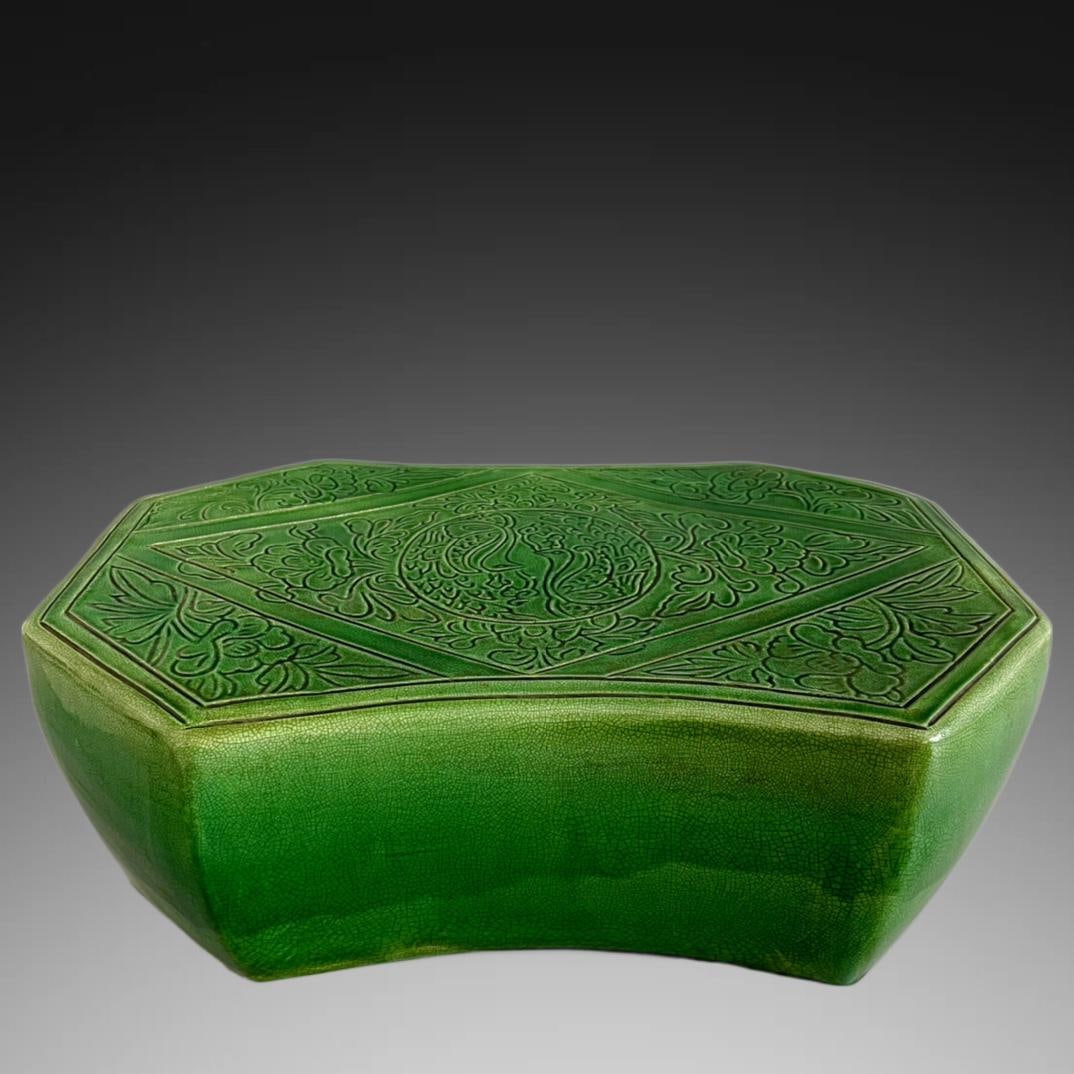 An Exquisite Tang Tri-Color Glazed Pottery Painted Gold Poem Pillow: An Exquisite Tang Tri-Color Glazed Pottery Painted Gold Poem Pillow,Tang Dynasty, China,Size:14.6inx4.9in