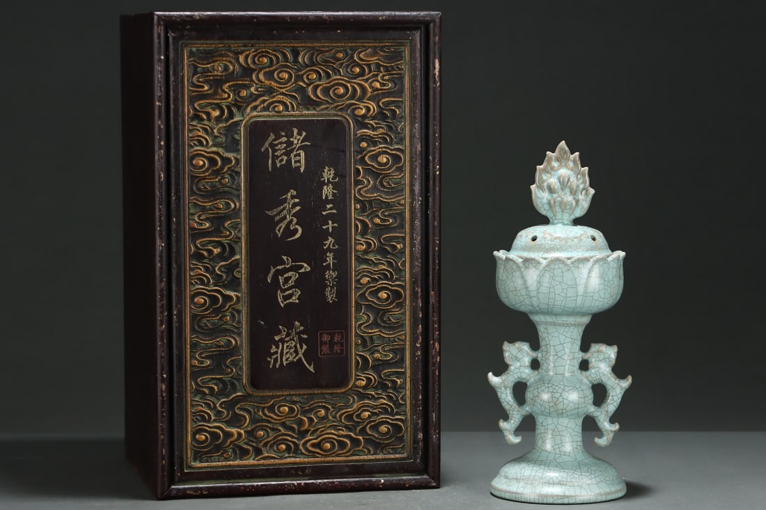 An Exquisite Ru Kiln Celadon Glazed Lotus Pattern Dragon-Ears Censer: An Exquisite Ru Kiln Celadon Glazed Lotus Pattern Dragon-Ears Censer,Song Dynasty, China,With Mark,Size:12.4inx5in