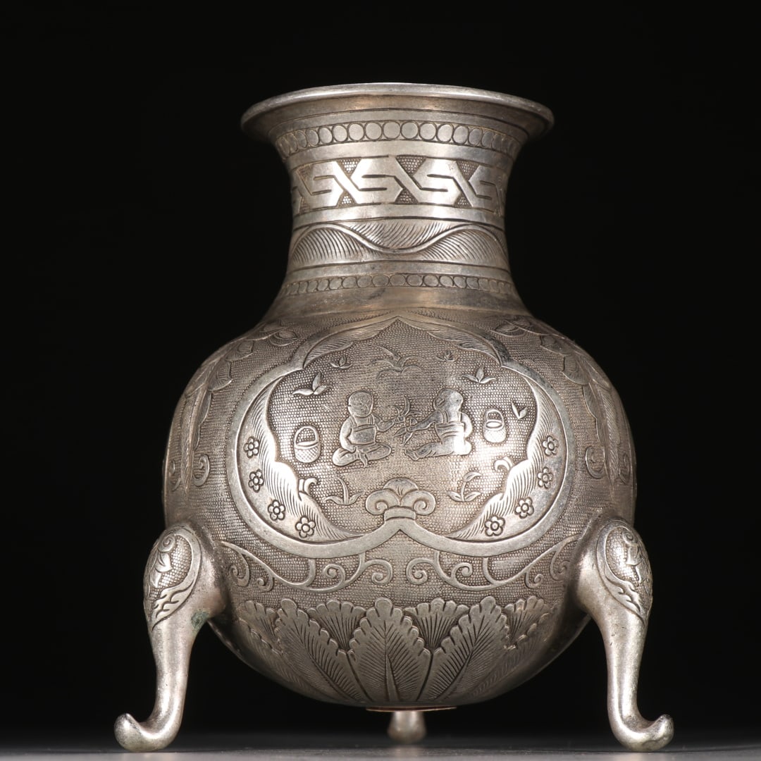 An Exquisite Silver Gilt Bronze Character and Story Pattern Tripod Vase: An Exquisite Silver Gilt Bronze Character and Story Pattern Tripod Vase,Qing Dynasty, China,Size:5.5inx4.3in,Weight:690g 铜鎏银人物故事纹三足