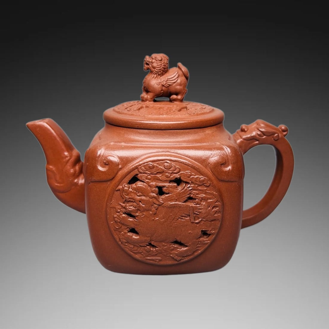 An Exquisite Purple Sands Lion Pattern Teapot: An Exquisite Purple Sands Lion Pattern Teapot,Republic of China,With Mark,Size:4.7inx4.9in 紫砂狮纹壶,民国,带款