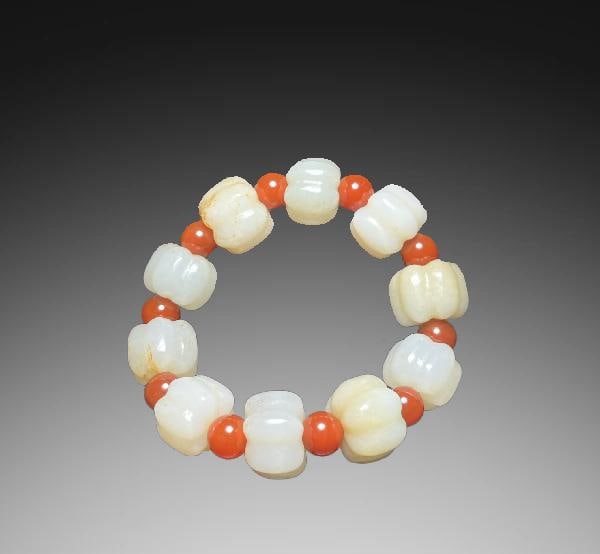 An Exquisite Hotan Jade Pumpkin-Shaped Bracelets: An Exquisite Hotan Jade Pumpkin-Shaped Bracelets,Qing Dynasty, China,Size:0.7in,Weight:104g 和田玉南瓜手链,中国清代
