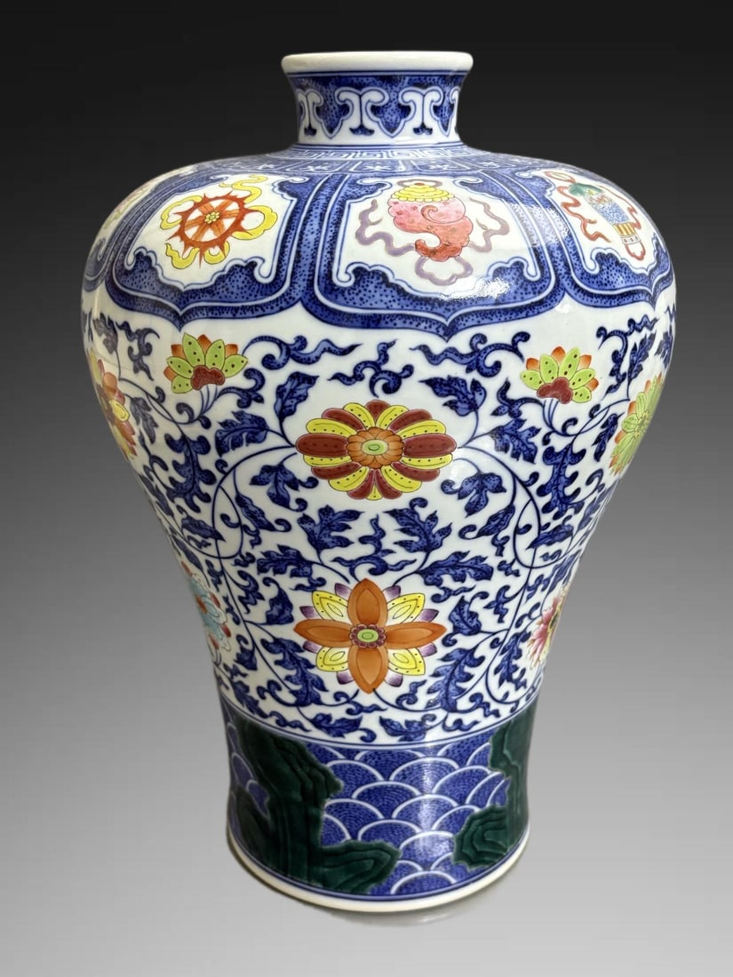 An Exquisite Blue and White Famille-Rose Flower and Eight Treasures Pattern Vase: An Exquisite Blue and White Famille-Rose Flower and Eight Treasures Pattern Vase,Qing Dynasty, China,Qianlong Six-character Mark,Size:13.1in×9.1in 青花粉彩缠枝