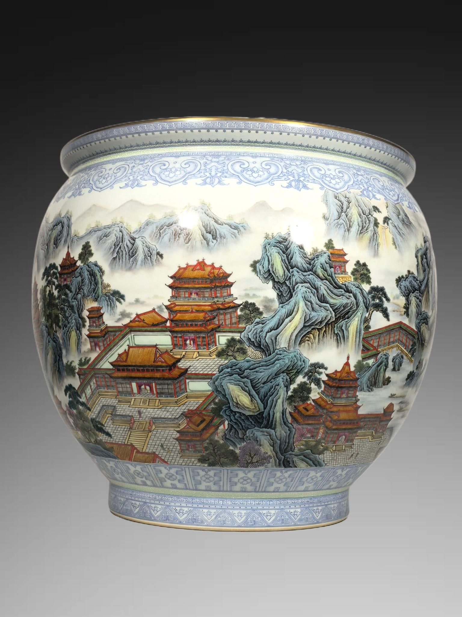 An Exquisite Famille-Rose Landscape Pattern Vat: An Exquisite Famille-Rose Landscape Pattern Vat,Qing Dynasty, China,Qianlong Four-character Mark,Size:16.5inx18.1in 粉彩山水纹缸,中国清代,&#