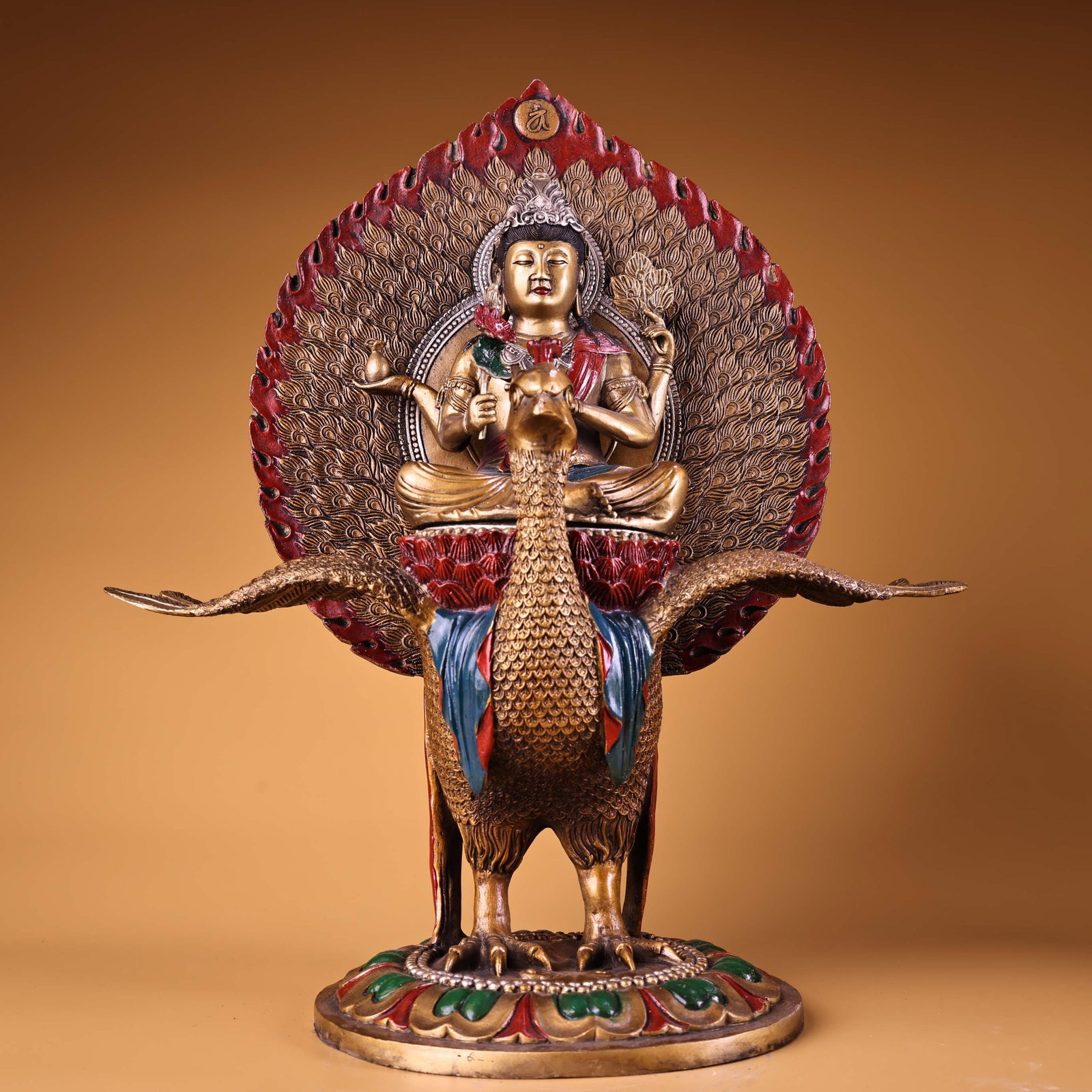 An Exquisite Bronze Painted Color Painted Gold Buddha statue Ornament: An Exquisite Bronze Painted Color Painted Gold Buddha statue Ornament,Ming Dynasty, China,Size:17.3inx15in,Weigh:5100g 铜彩绘描金佛像摆件,中