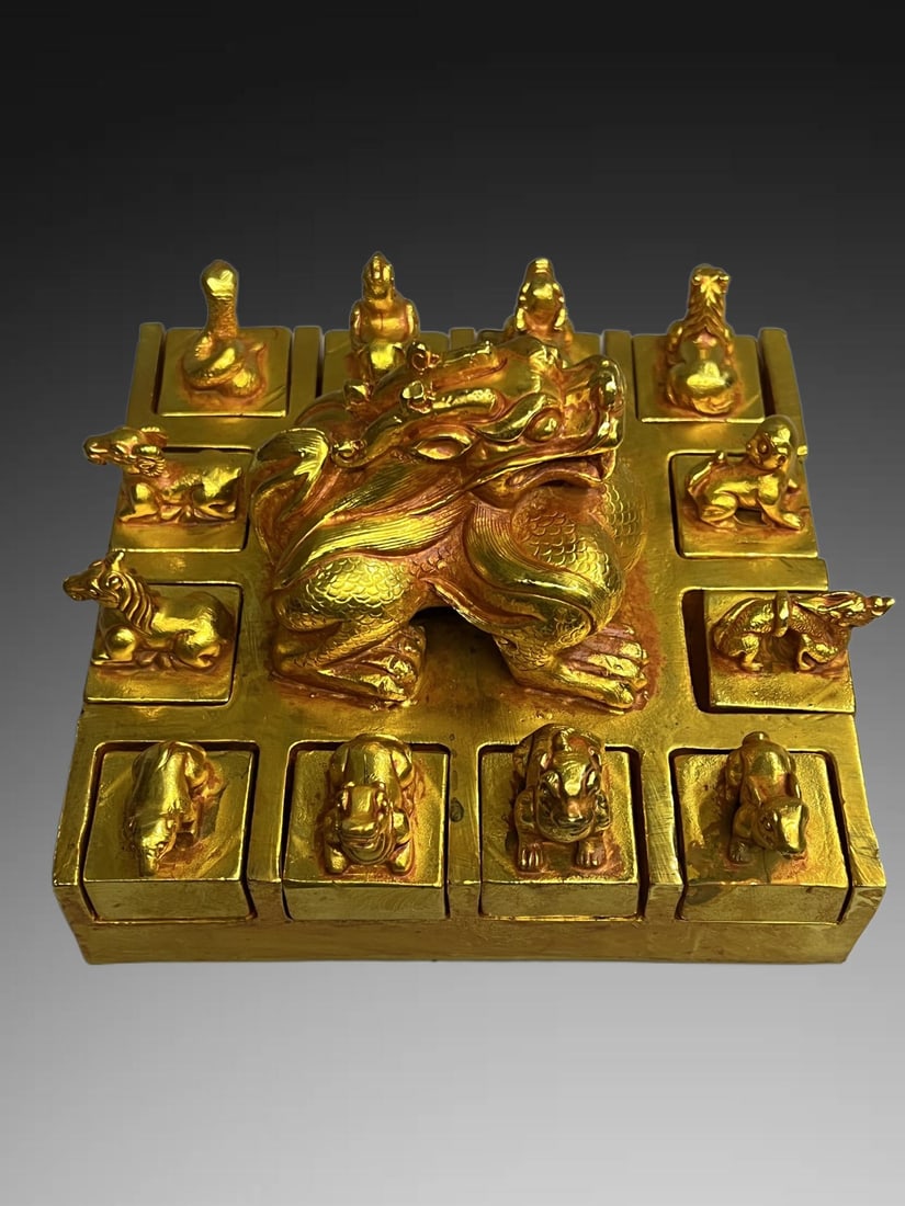 A Set of Exquisite Gilt Bronze Twelve Chinese Zodiac Signs Seal: A Set of Exquisite Gilt Bronze Twelve Chinese Zodiac Signs Seal,Qing Dynasty, China,Size:5.5in 一套铜鎏金十二生肖印章,中国