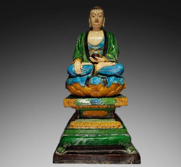 An Exquisite Tang Tri-Color Glazed Pottery Buddha statue: An Exquisite Tang Tri-Color Glazed Pottery Buddha statue,Tang Dynasty, China,Size:33.5inx15.7in 唐三彩佛像,中国唐代