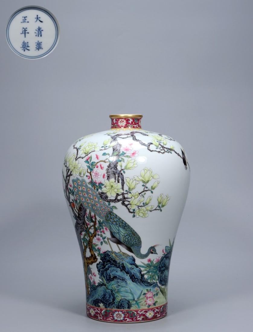 An Exquisite Enamel Peacock Pattern Vase: An Exquisite Enamel Peacock Pattern Vase,Qing Dynasty, China,Yongzheng Six-character Mark,Size:14.8inx9.3inx2.4in ,Weight:3967g